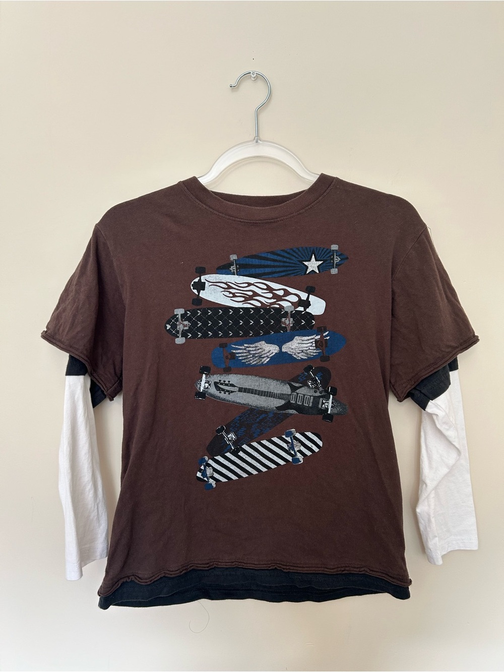 Kids Layered-Look Brown Skateboard Graphic Long Sleeve Tee